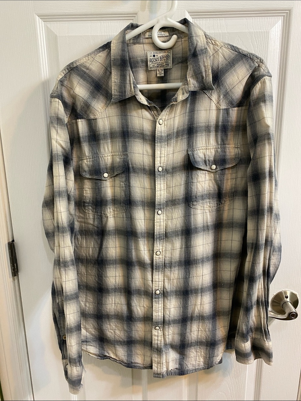 Lucky Brand Western Shirt Men's XL Classic Fit Long Sleeve Pearl Snap Plaid